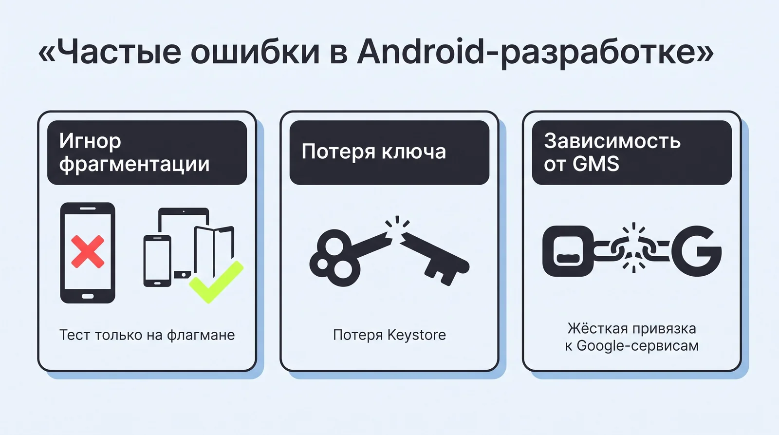 Частые ошибки в&nbsp;Android-разработке: игнор фрагментации, потеря keystore и&nbsp;жёсткая зависимость от&nbsp;Google-сервисов