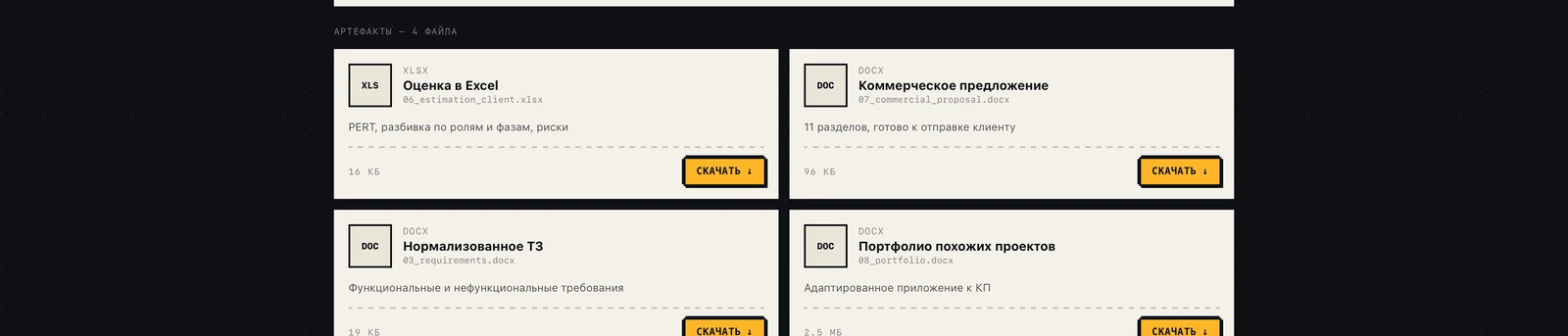 Пакет из четырёх файлов: Excel-смета с PERT, коммерческое предложение, нормализованное ТЗ, портфолио