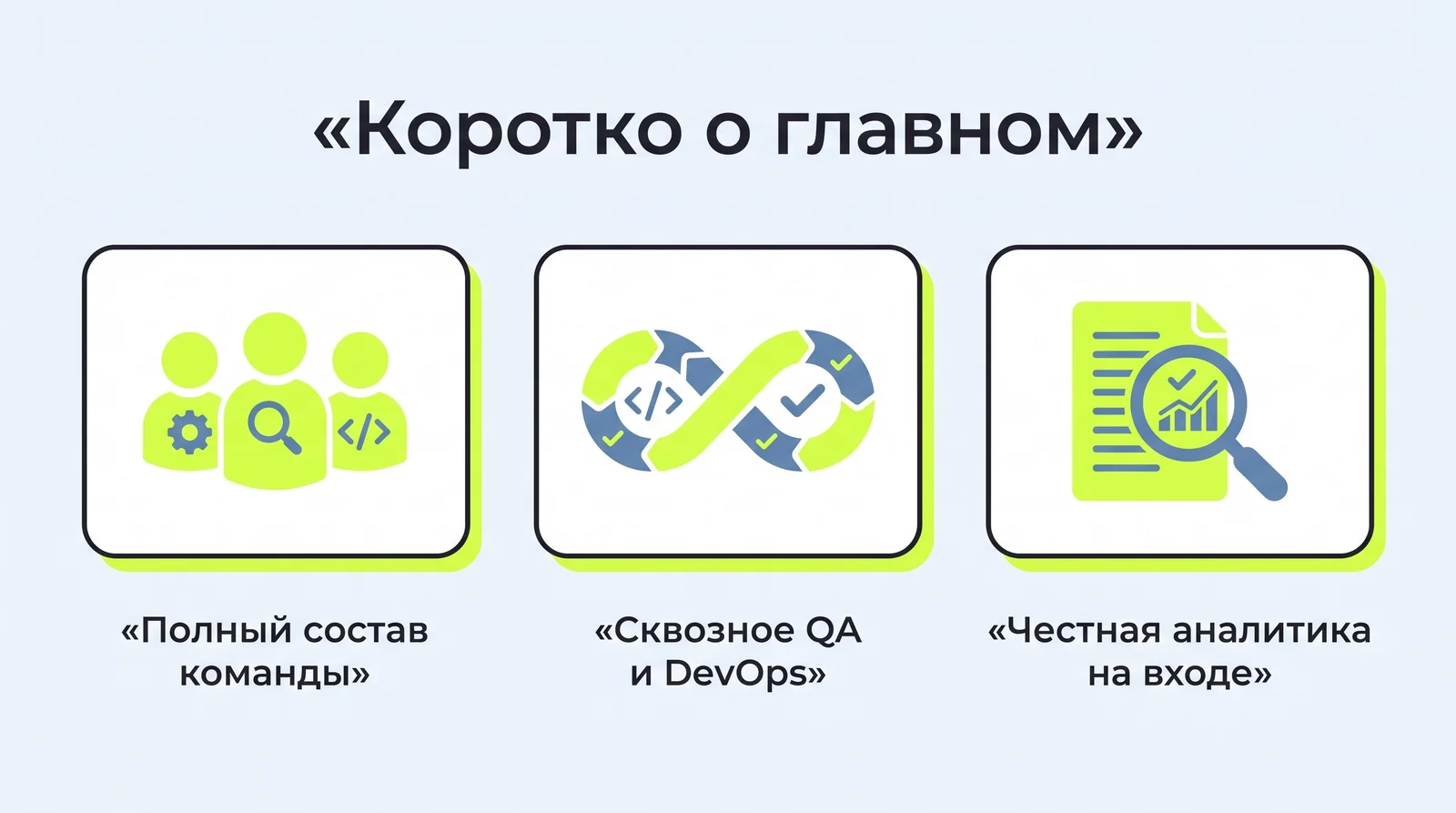 Коротко о главном: полный состав команды, сквозное QA и DevOps, честная аналитика на входе