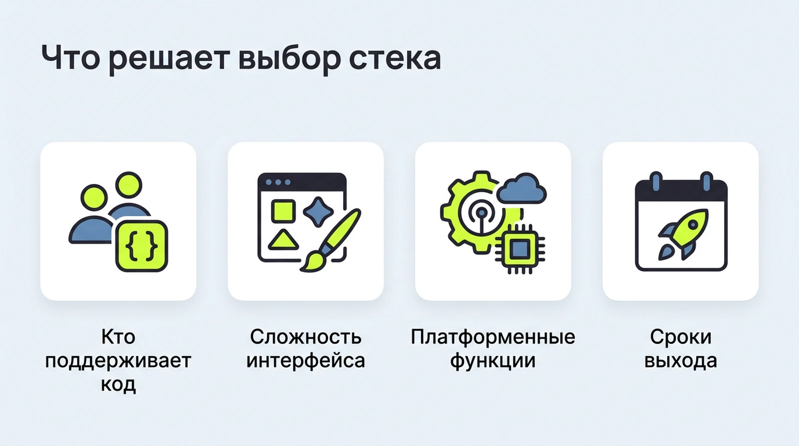 Что решает выбор стека: команда, интерфейс, платформенные функции