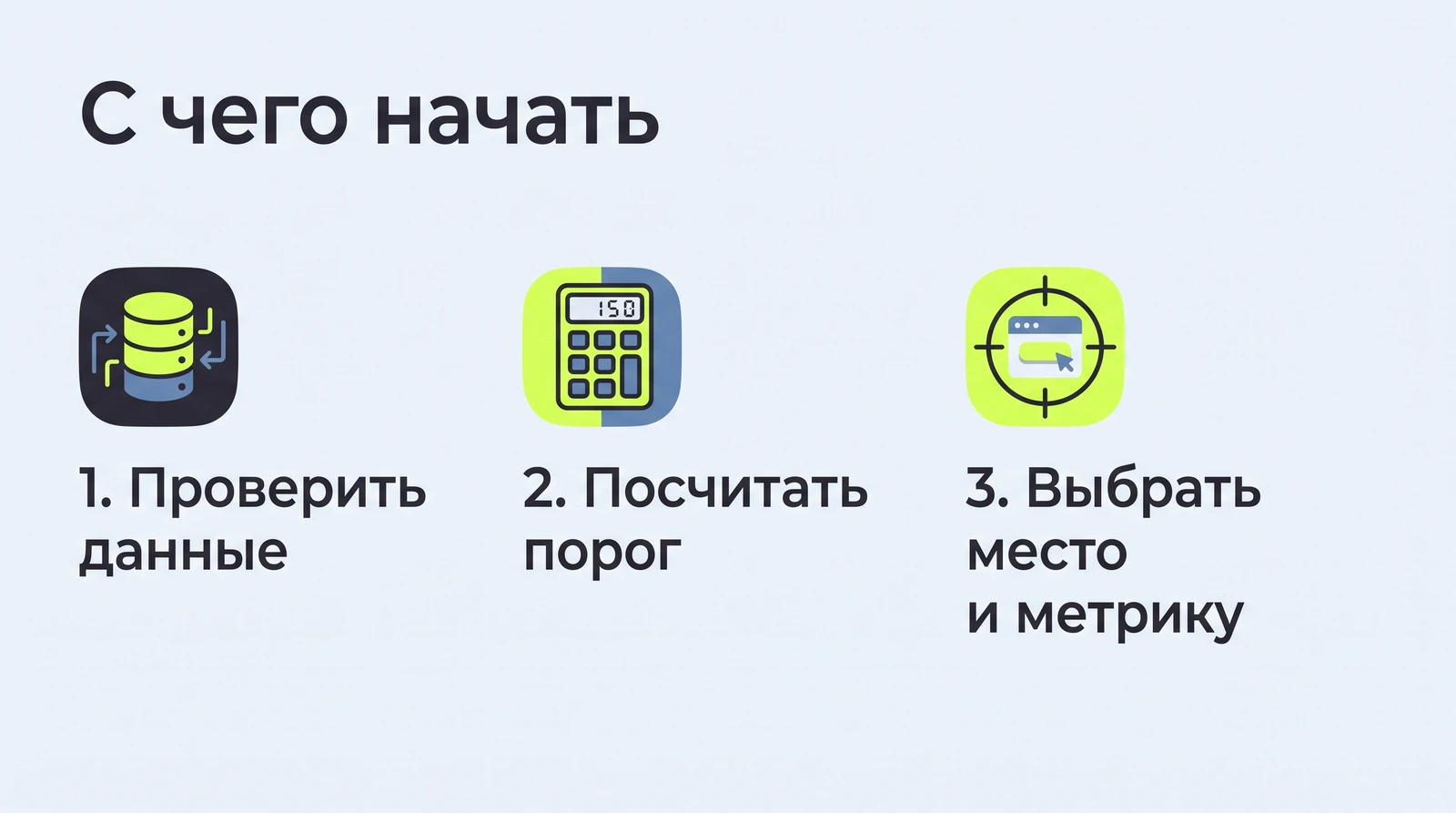С чего начать: проверить данные, посчитать порог окупаемости, выбрать одно место и одну метрику